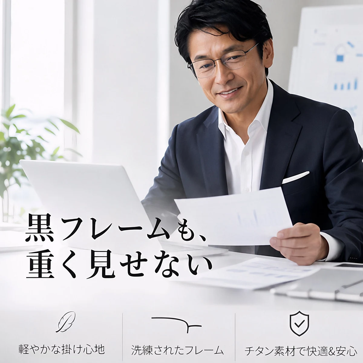 【顔を締め付けず・パソコン作業に】  Eterlens純チタンスクエア型メガネ│  ビジネス向け8.6gの超軽量で、長時間のデスクワークに最適