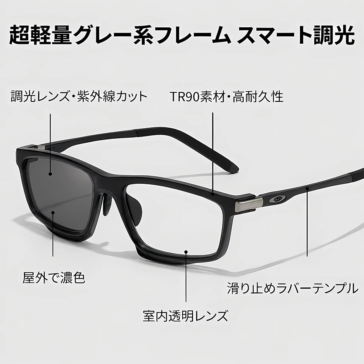 【調光・遠近両用】Eterlens 老眼鏡 おしゃれ スクエア | スマート調光・ブルーライトカット | スポーティデザイン・アウトドア兼用-Black