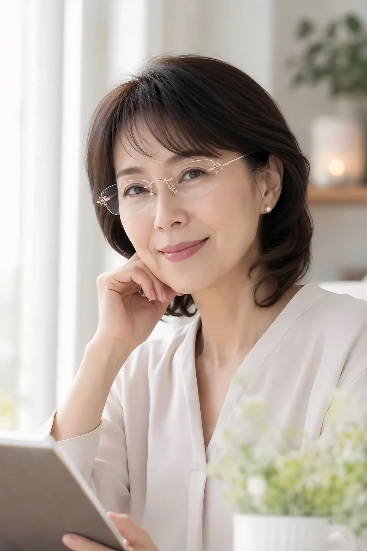 リムレス老眼鏡を掛けた60代女性の正面イメージ