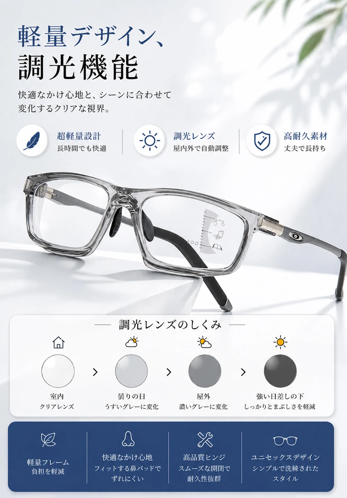 [Gray] Eterlens リーディングミラー "ヴァーテックス" | 全ての機能をこの1本に集約 | 遠近両用 調光レンズ ブルーライトカット | 快適フィットの調整可能鼻パッド、滑り&hellip; 商品説明画像 3