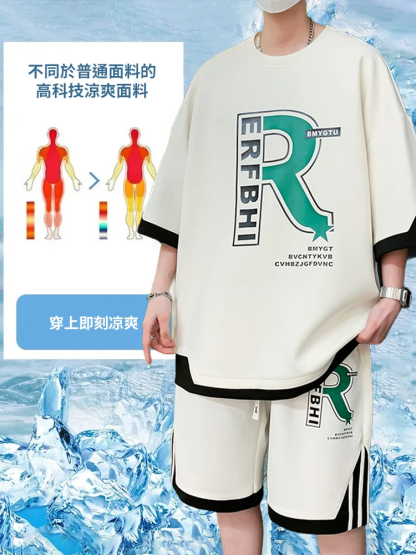 SL-夏季休闲冰丝潮牌套装男