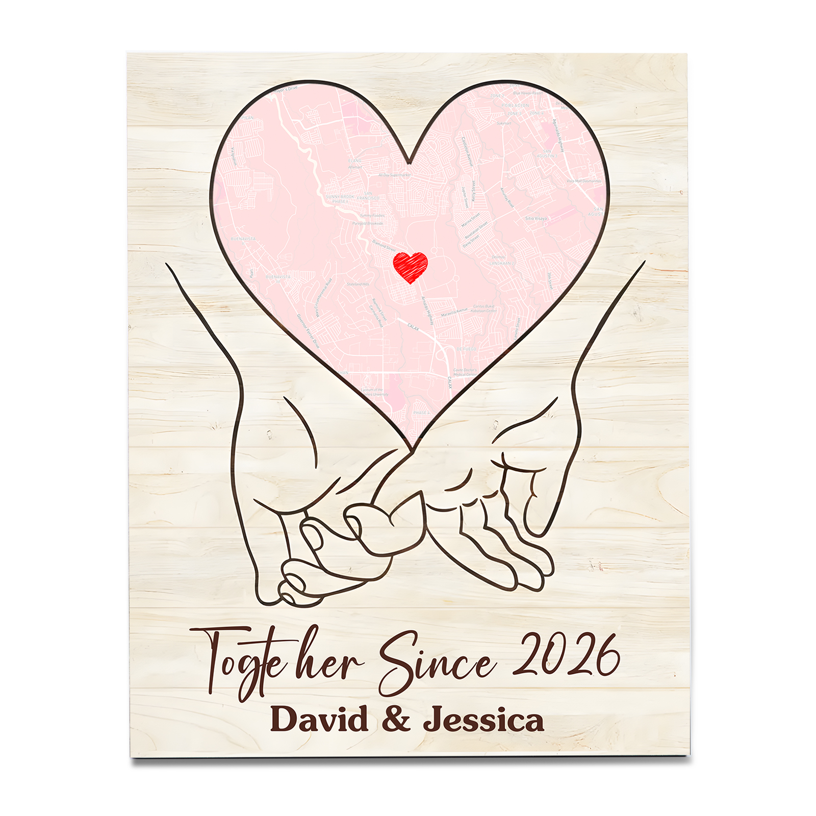 Personalised Heart Map Couple Wooden Plaque