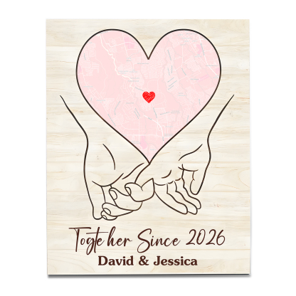 Personalised Heart Map Couple Wooden Plaque