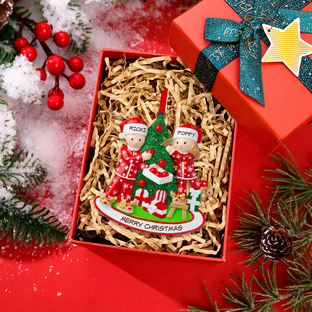 Personalised Couple Ornament with Names Festive Christmas Tree Decorating Scene