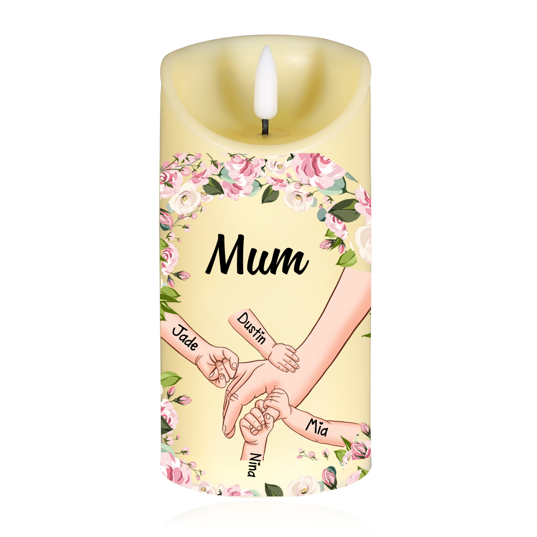 Personalised 1-6 Names Mum LED Candle, Custom Hand in Hand Candle Gift for Mum| Jessemade