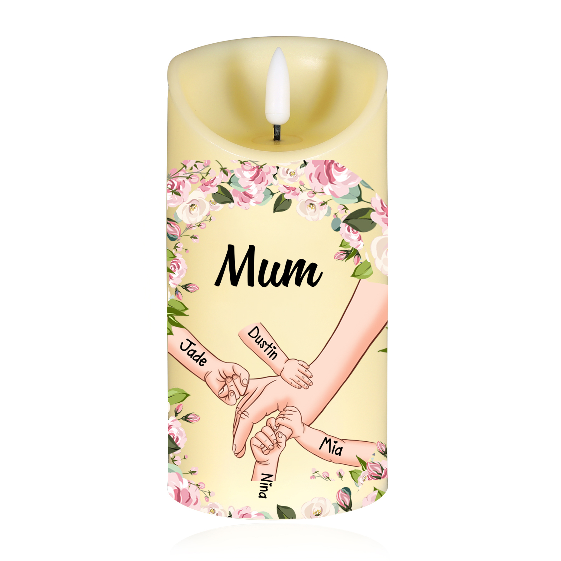 Personalised 1-6 Names Mum LED Candle, Custom Hand in Hand Candle Gift for Mum| Jessemade