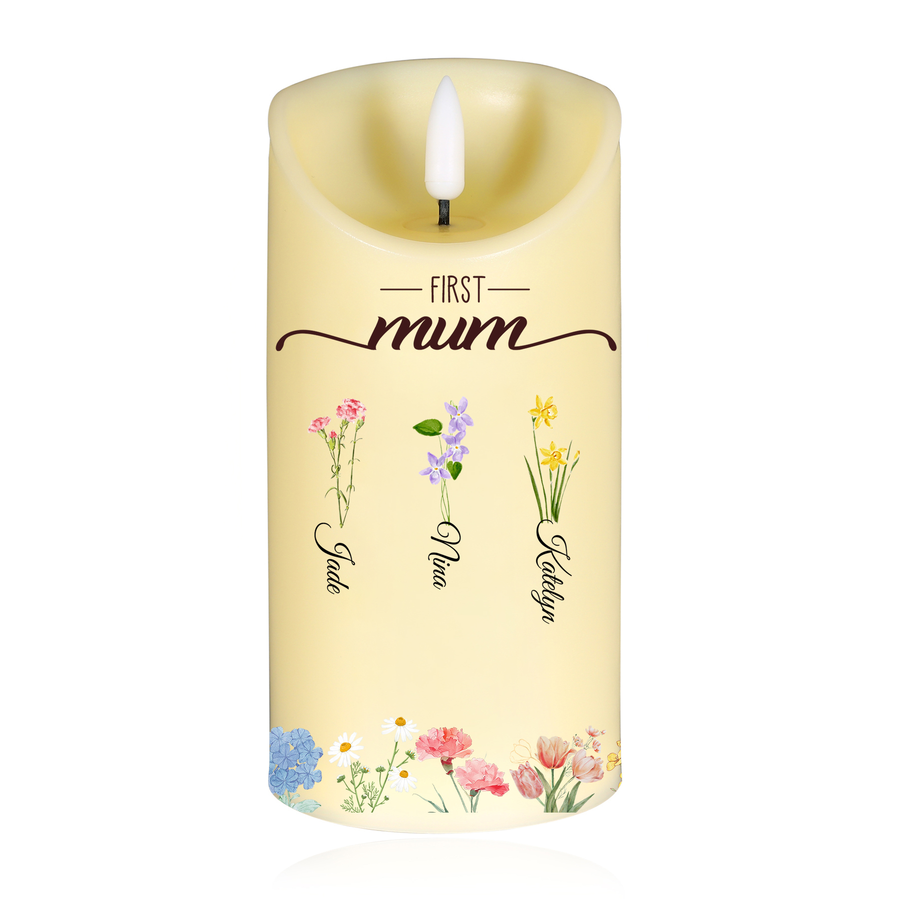 For Mum/Nan Personalised LED Candle with Birth Flowers and 2–18 Names | Jessemade