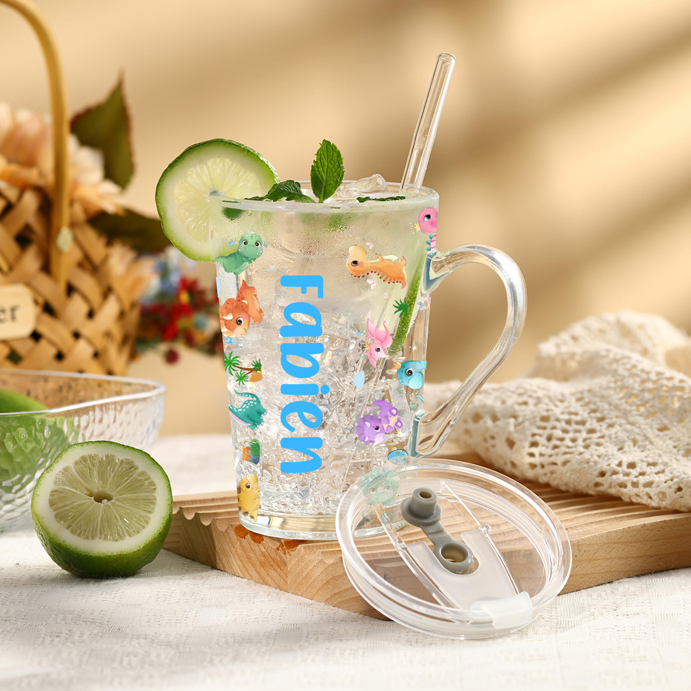 Personalised Name Glass Mug 450ml with Lid & Straw – Multi-Colour & Pattern | Back to School Gift – Jessemade