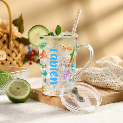 Personalised Name Glass Mug 450ml with Lid & Straw – Multi-Colour & Pattern | Back to School Gift – Jessemade