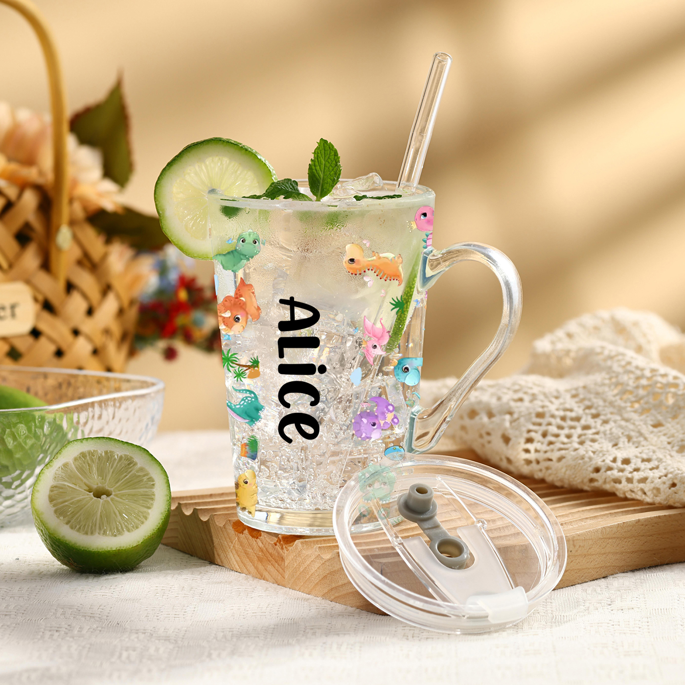 Personalised Name Glass Mug 450ml with Lid & Straw – Multi-Colour & Pattern | Back to School Gift – Jessemade