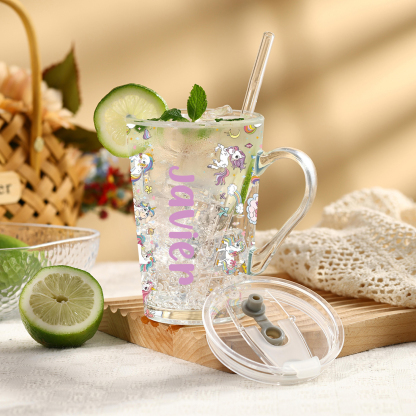 Personalised Name Glass Mug 450ml with Lid & Straw – Multi-Colour & Pattern | Back to School Gift – Jessemade