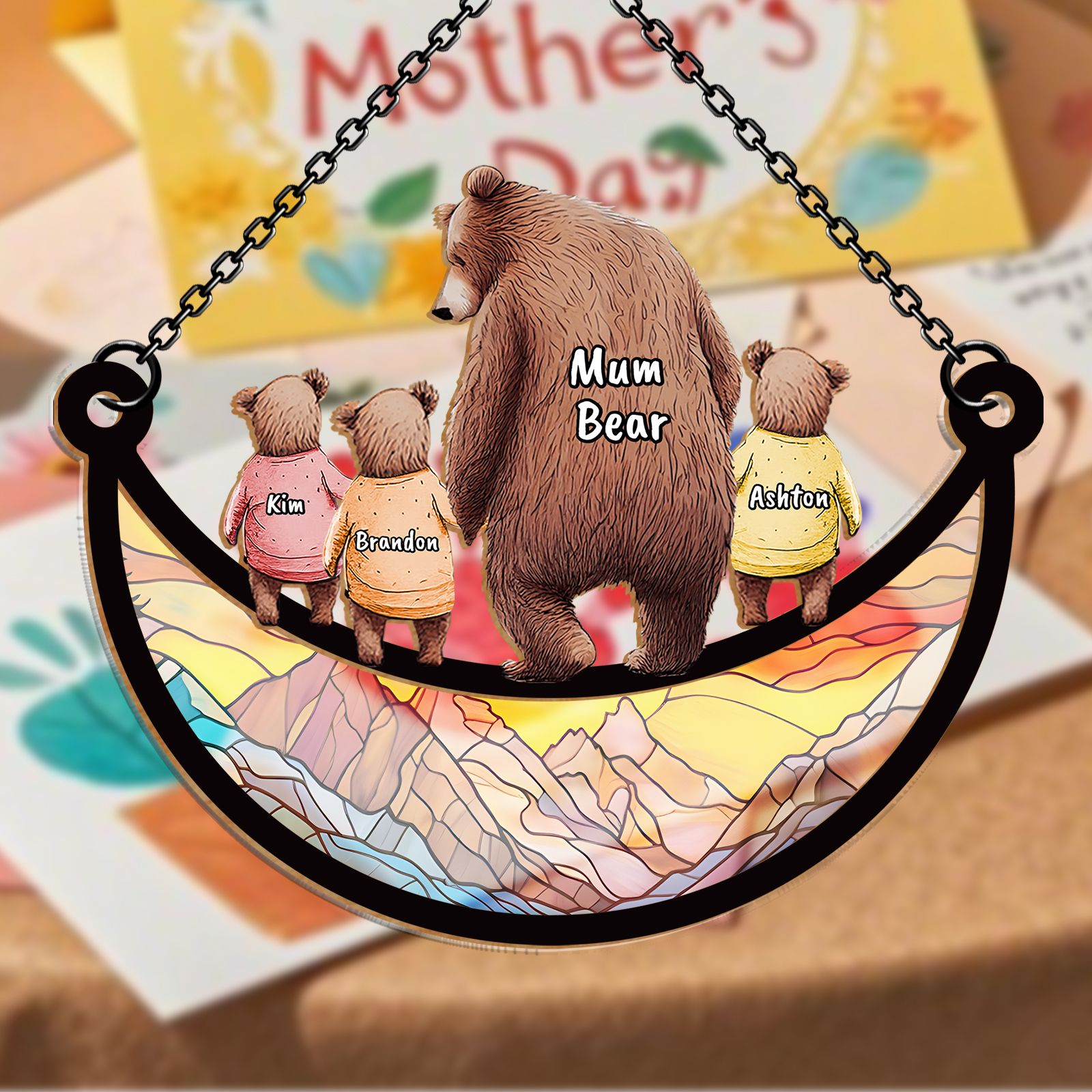 Personalised Mum/Nan Bear Window Hanging Suncatcher Ornament with 1–6 Names Custom Family Gift | Jessemade