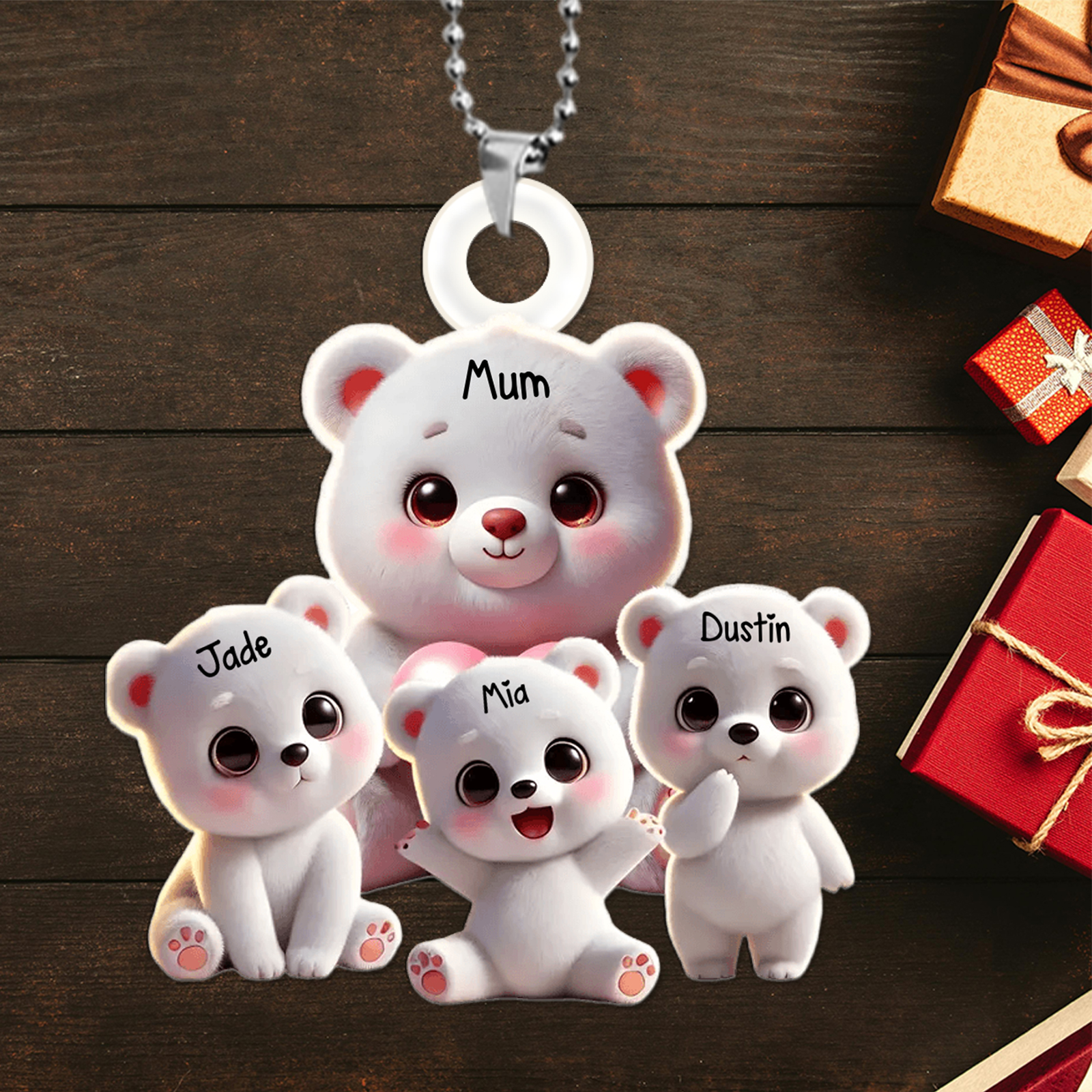 Personalised White Bear Keyring Custom 1-10 Names – Family Bear Pendant Keychain Gift | Jessemade
