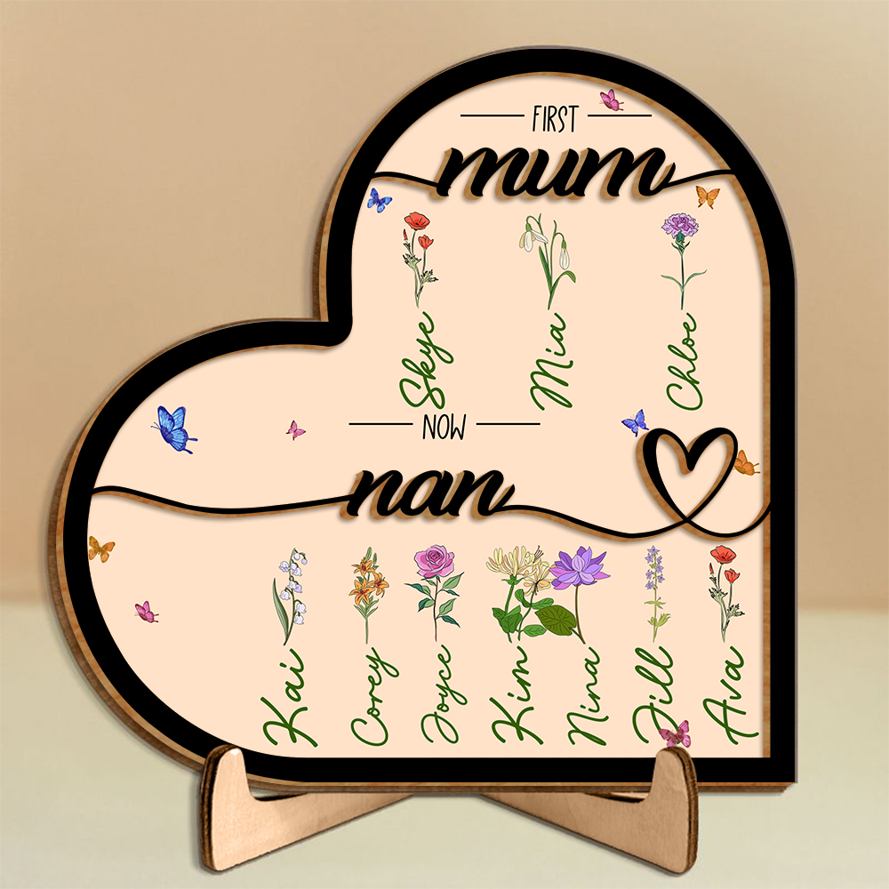 To Mum/Nan -Personalised Heart-Shaped Wooden Plaque Custom with Flowers & 1- 10 Names Ornament Mother's Day Gift | Jessemade