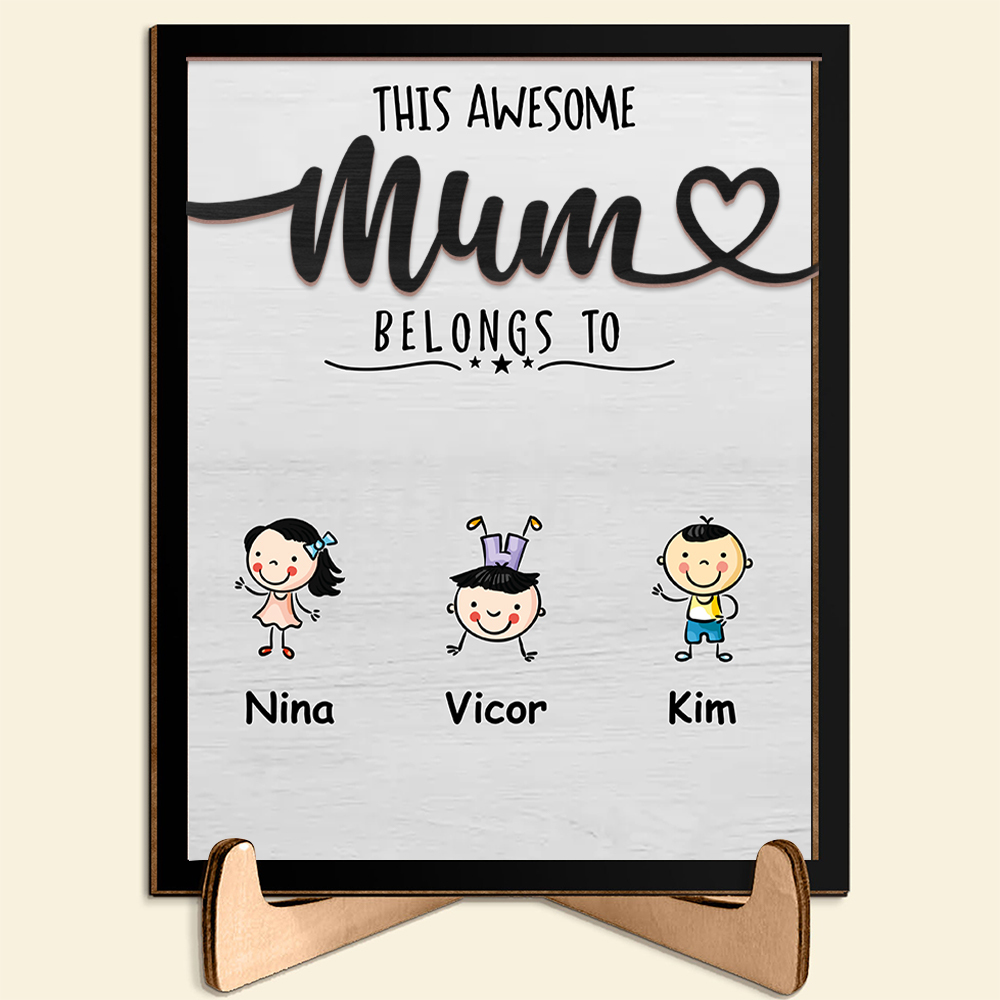 Personalised 1-4 Names Frame Wooden Plaque, Custom The Awesome Mum Belongs To Ornament Gift for Mum | Jessemade