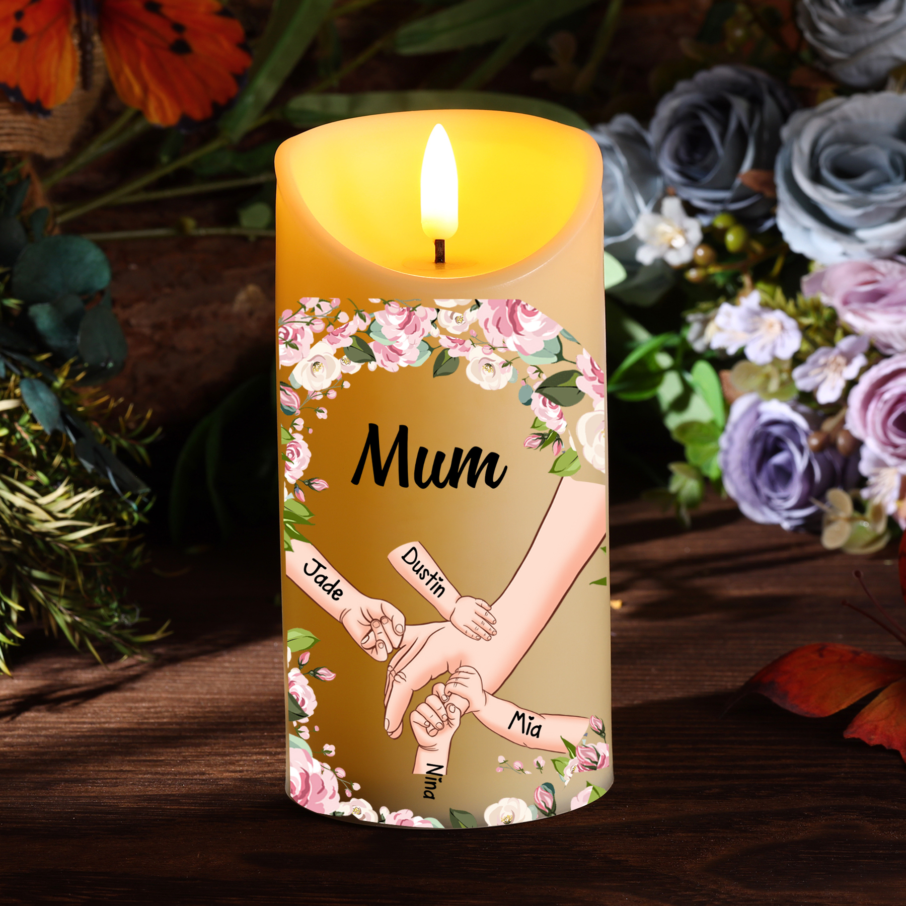 Personalised 1-6 Names Mum LED Candle, Custom Hand in Hand Candle Gift for Mum| Jessemade