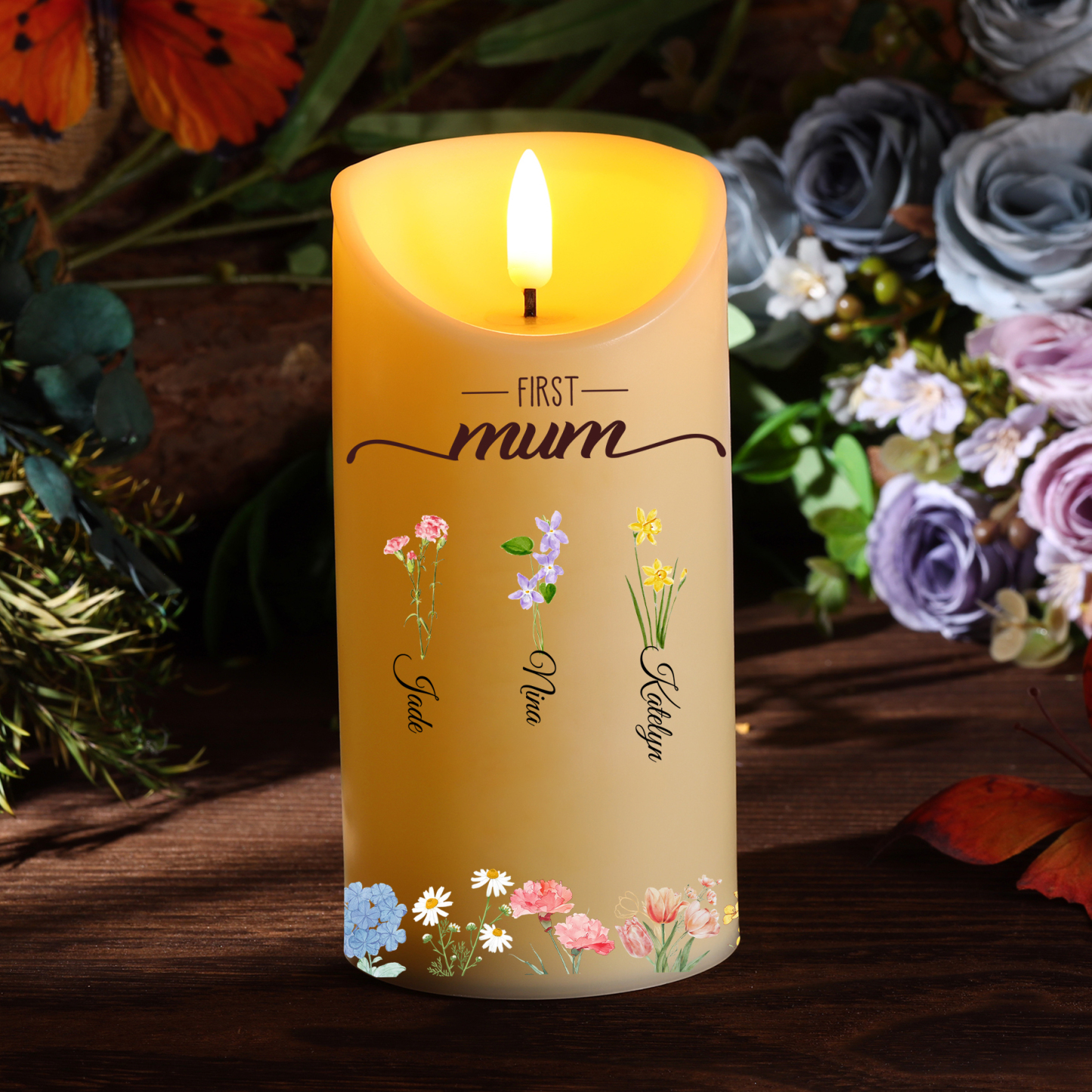 For Mum/Nan Personalised LED Candle with Birth Flowers and 2–18 Names | Jessemade