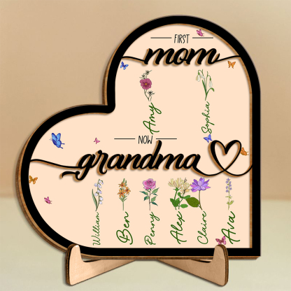 To Mom/Grandma -Personalised Heart-Shaped Wooden Plaque Custom with Flowers & 1- 10 Names Ornament Mother's Day Gift | Jessemade