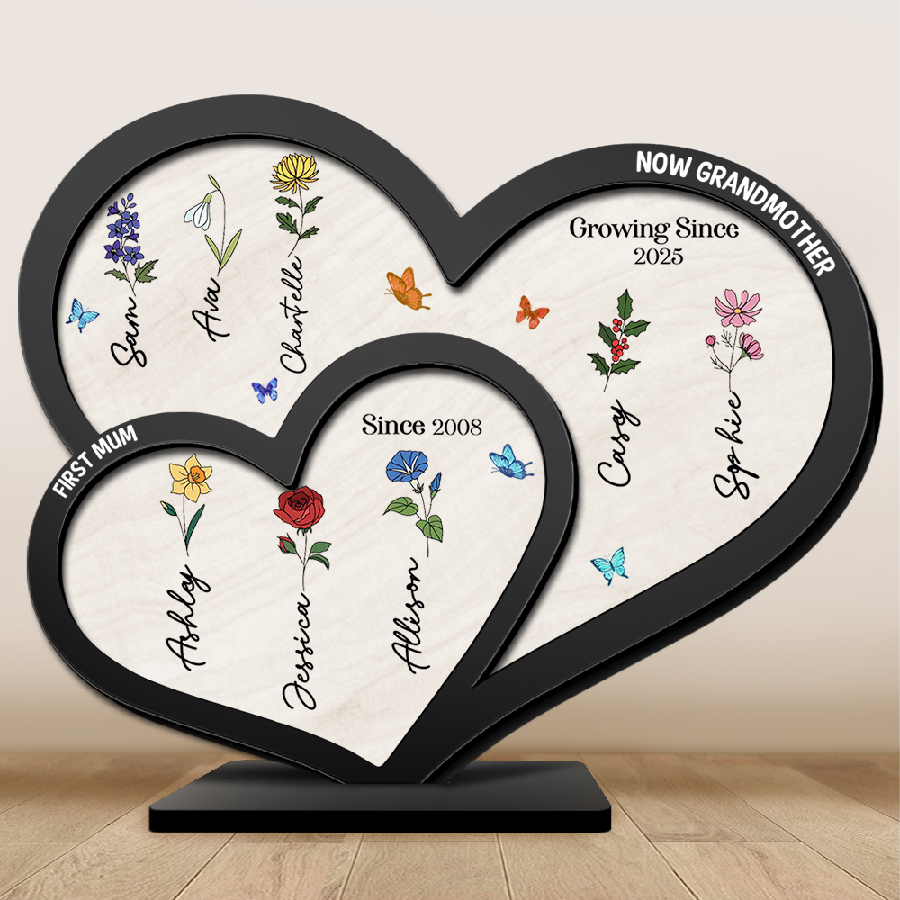 To Mom/Grandma -Personalised Heart-Shaped Wooden Plaque Custom with Flowers & 1- 10 Names Ornament Mother's Day Gift | Jessemade