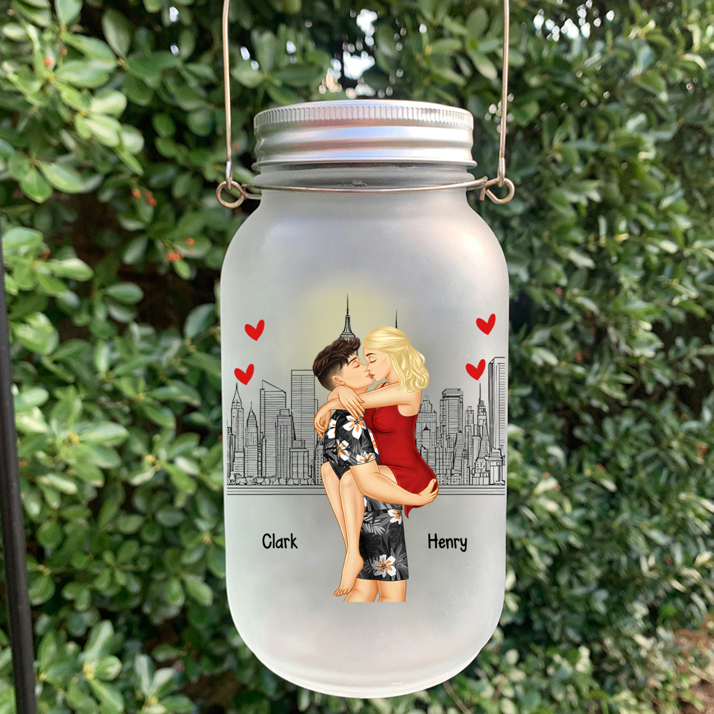 Doll Couple Kissing Personalised Mason Jar Light with 2 Names Romantic Gift for Him and Her