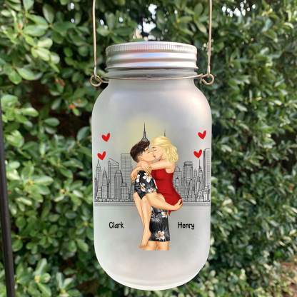 Doll Couple Kissing Personalised Mason Jar Light with 2 Names Romantic Gift for Him and Her