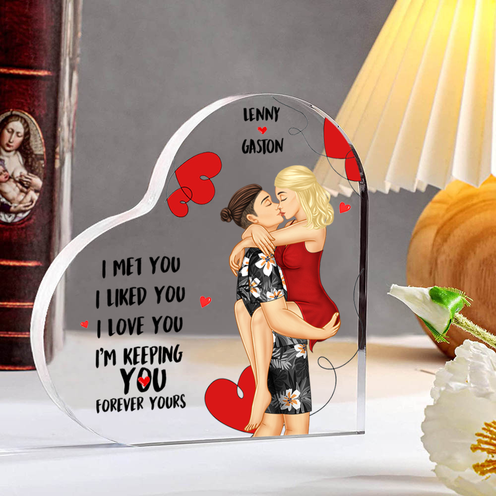 Doll Couple Kissing Personalised Heart Shaped Acrylic Plaque with 2 Names Romantic Gift For Him and Her