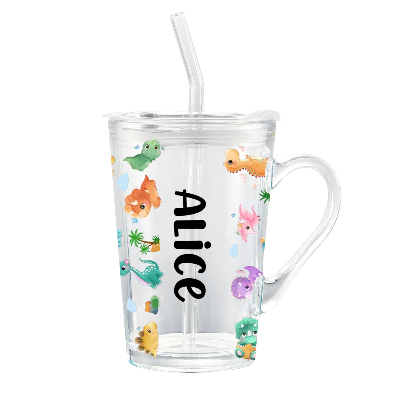 Personalised Name Glass Mug 450ml with Lid & Straw – Multi-Colour & Pattern | Back to School Gift – Jessemade