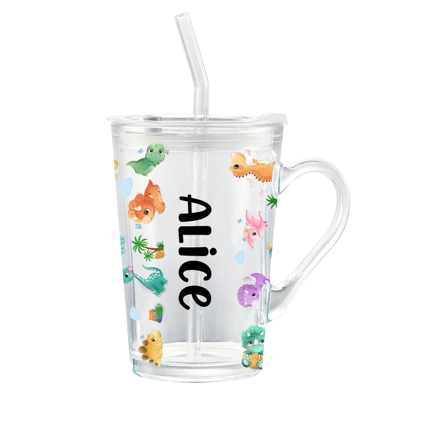 Personalised Name Glass Mug 450ml with Lid & Straw – Multi-Colour & Pattern | Back to School Gift – Jessemade