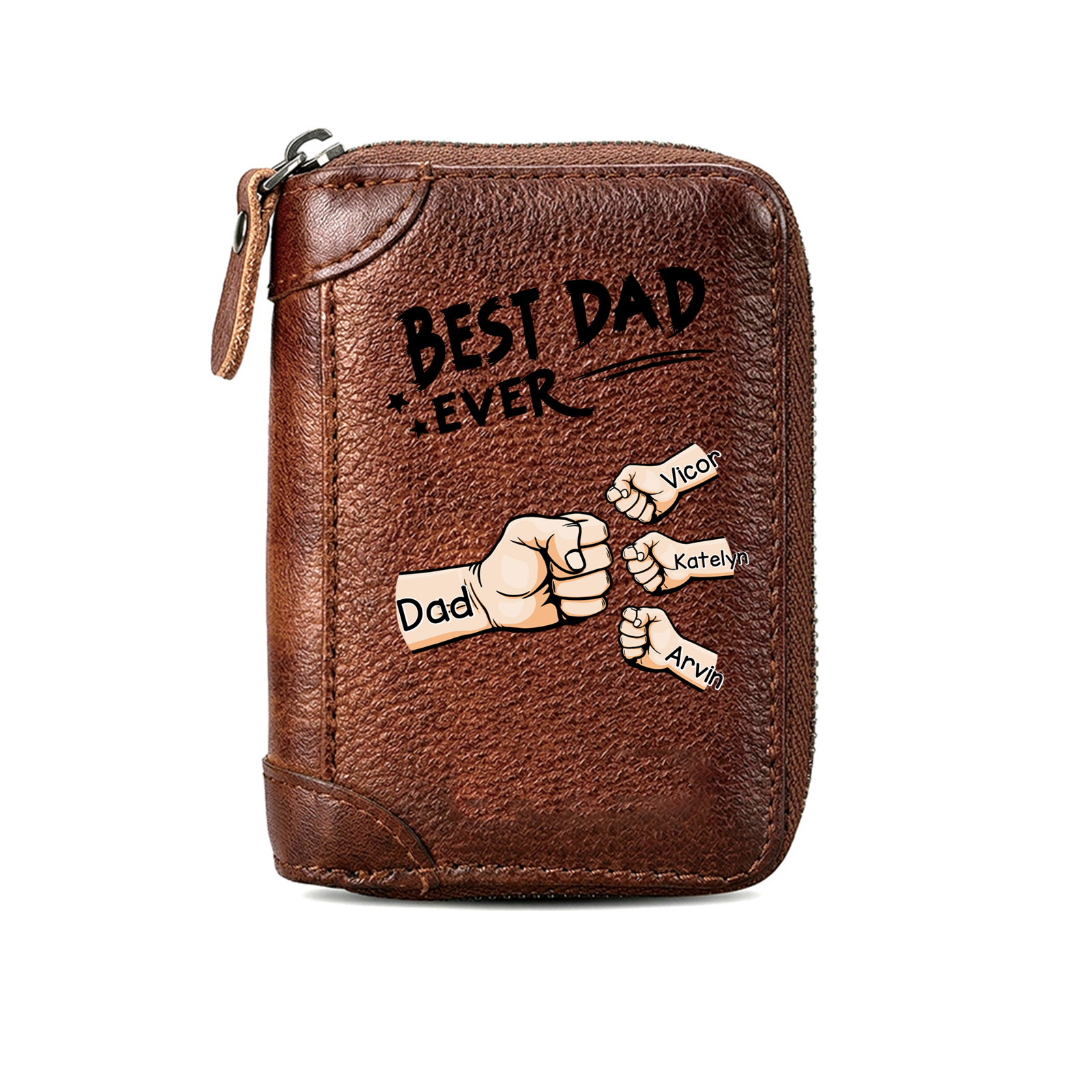 Personalised Genuine Leather Card Holder with 1–6 Names and Fist Bumps, Zipped Wallet for Dad/Grandad