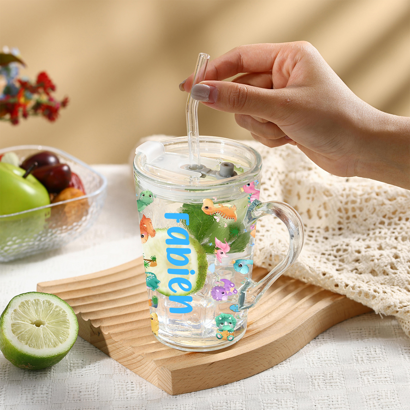 Personalised Name Glass Mug 450ml with Lid & Straw – Multi-Colour & Pattern | Back to School Gift – Jessemade