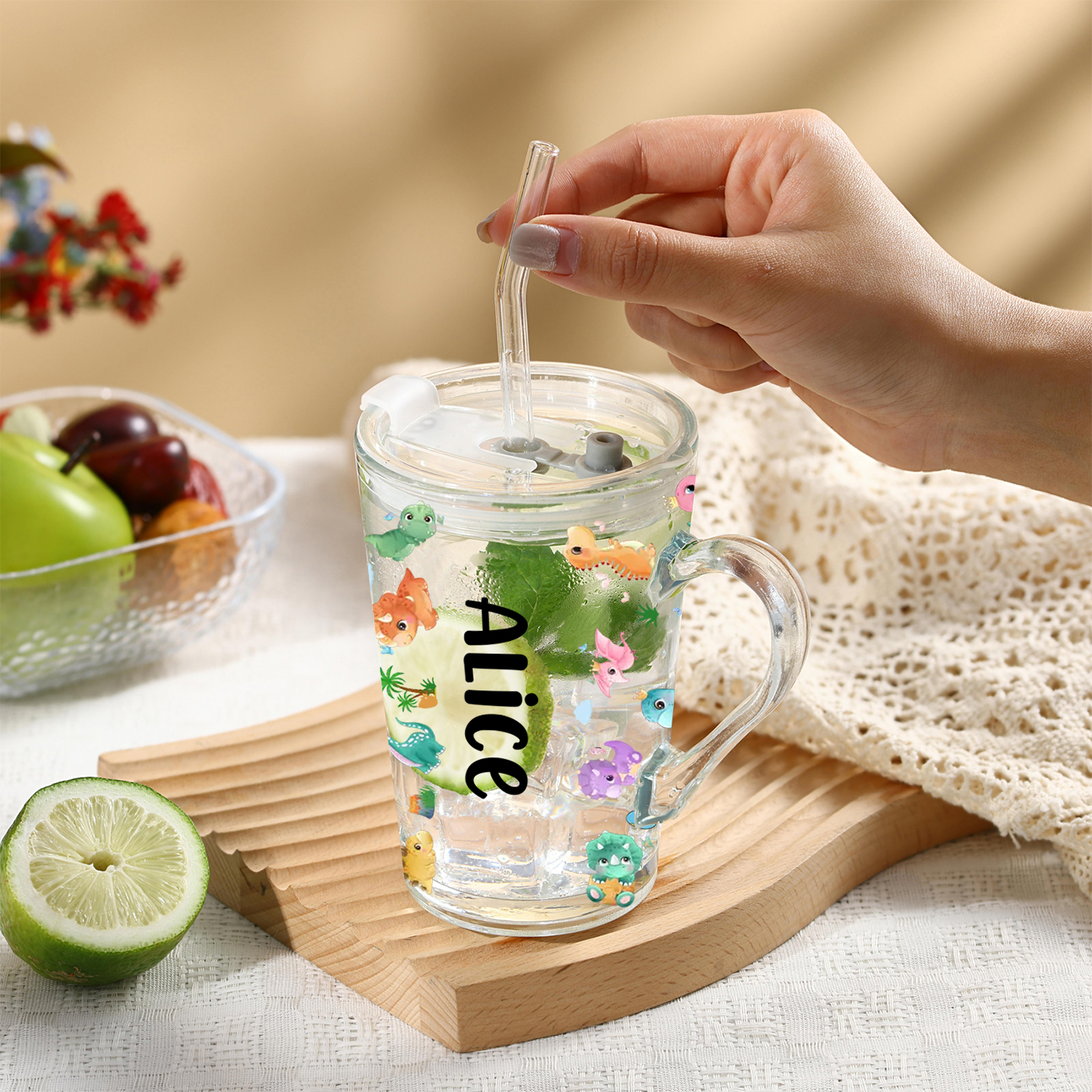 Personalised Name Glass Mug 450ml with Lid & Straw – Multi-Colour & Pattern | Back to School Gift – Jessemade