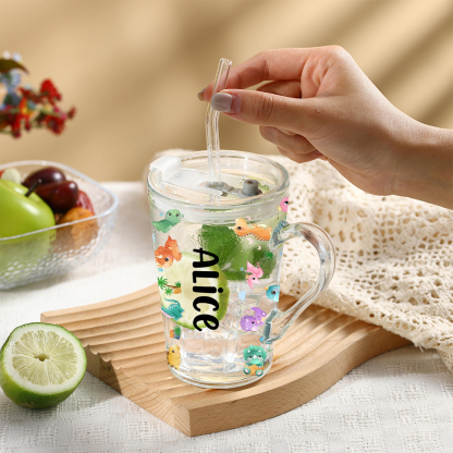 Personalised Name Glass Mug 450ml with Lid & Straw – Multi-Colour & Pattern | Back to School Gift – Jessemade