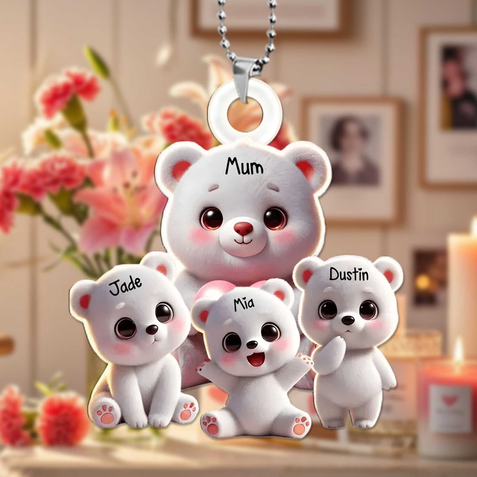 Personalised White Bear Keyring Custom 1-10 Names – Family Bear Pendant Keychain Gift | Jessemade