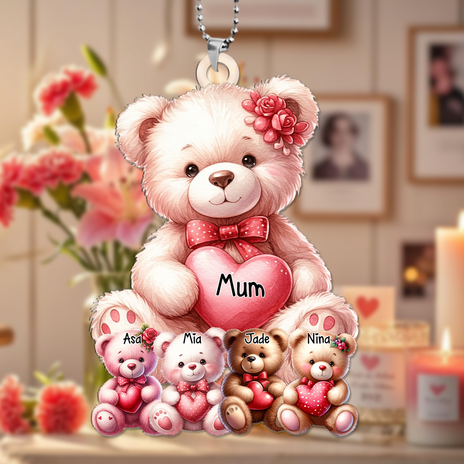 Personalised Teddy Bear Keyring Custom 1-8 Names – Family Bear Pendant Keychain Gift | Jessemade