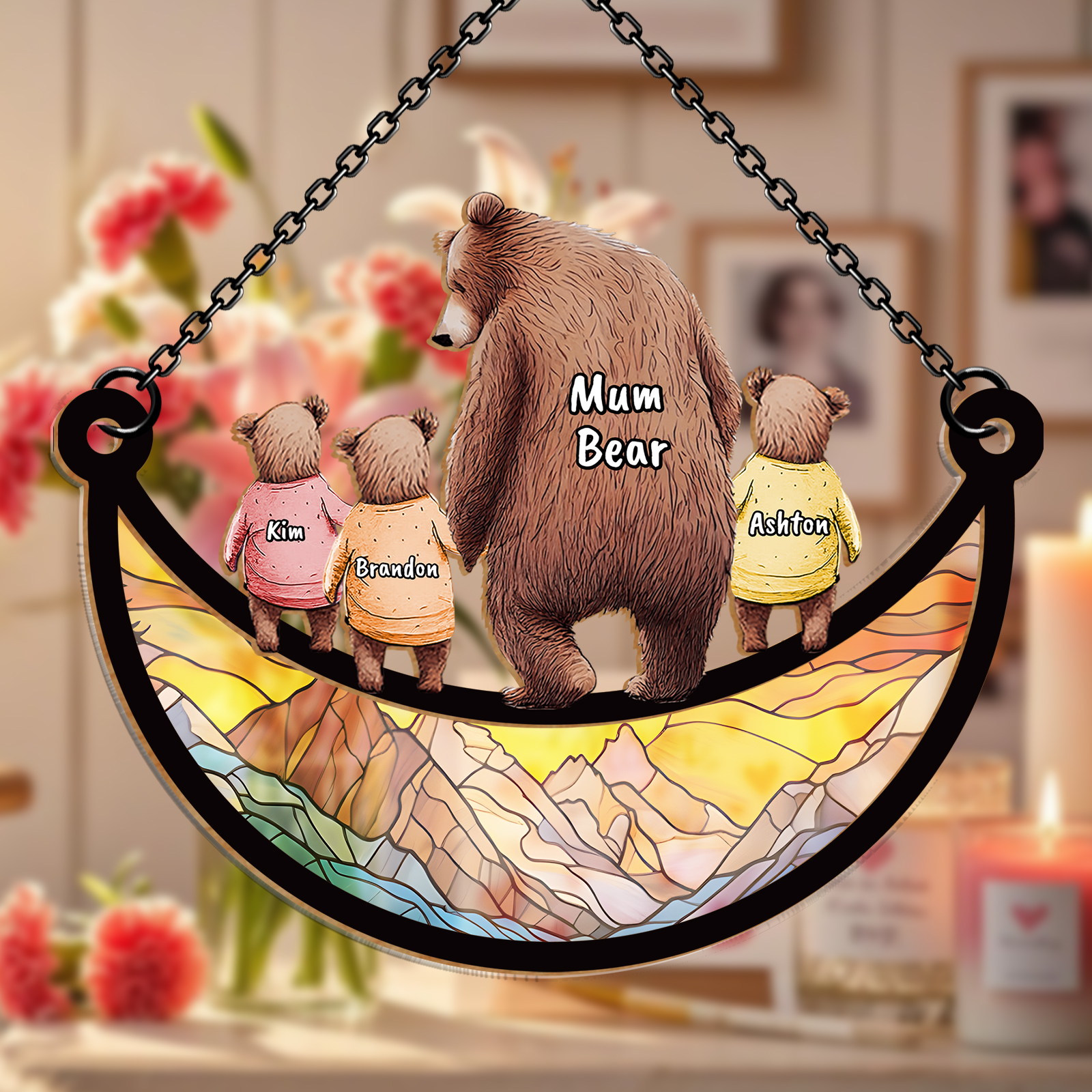 Personalised Mum/Nan Bear Window Hanging Suncatcher Ornament with 1–6 Names Custom Family Gift | Jessemade