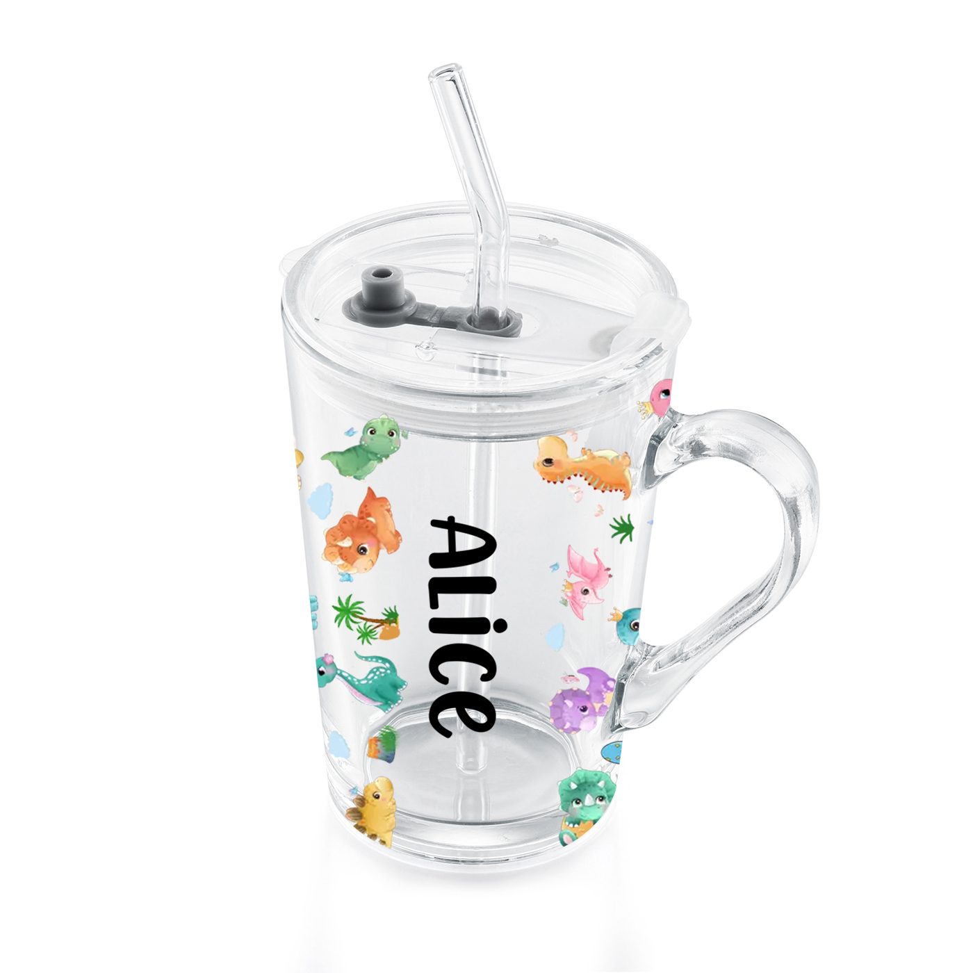 Personalised Name Glass Mug 450ml with Lid & Straw – Multi-Colour & Pattern | Back to School Gift – Jessemade