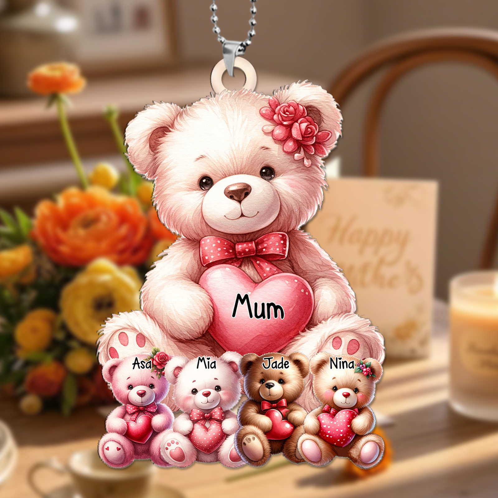 Personalised Teddy Bear Keyring Custom 1-8 Names – Family Bear Pendant Keychain Gift | Jessemade