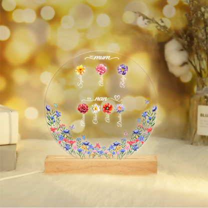 Personalised LED Acrylic Flower Night Light – Custom Gift for Mum and Grandma with Names & Birth Flowers | Jessemade