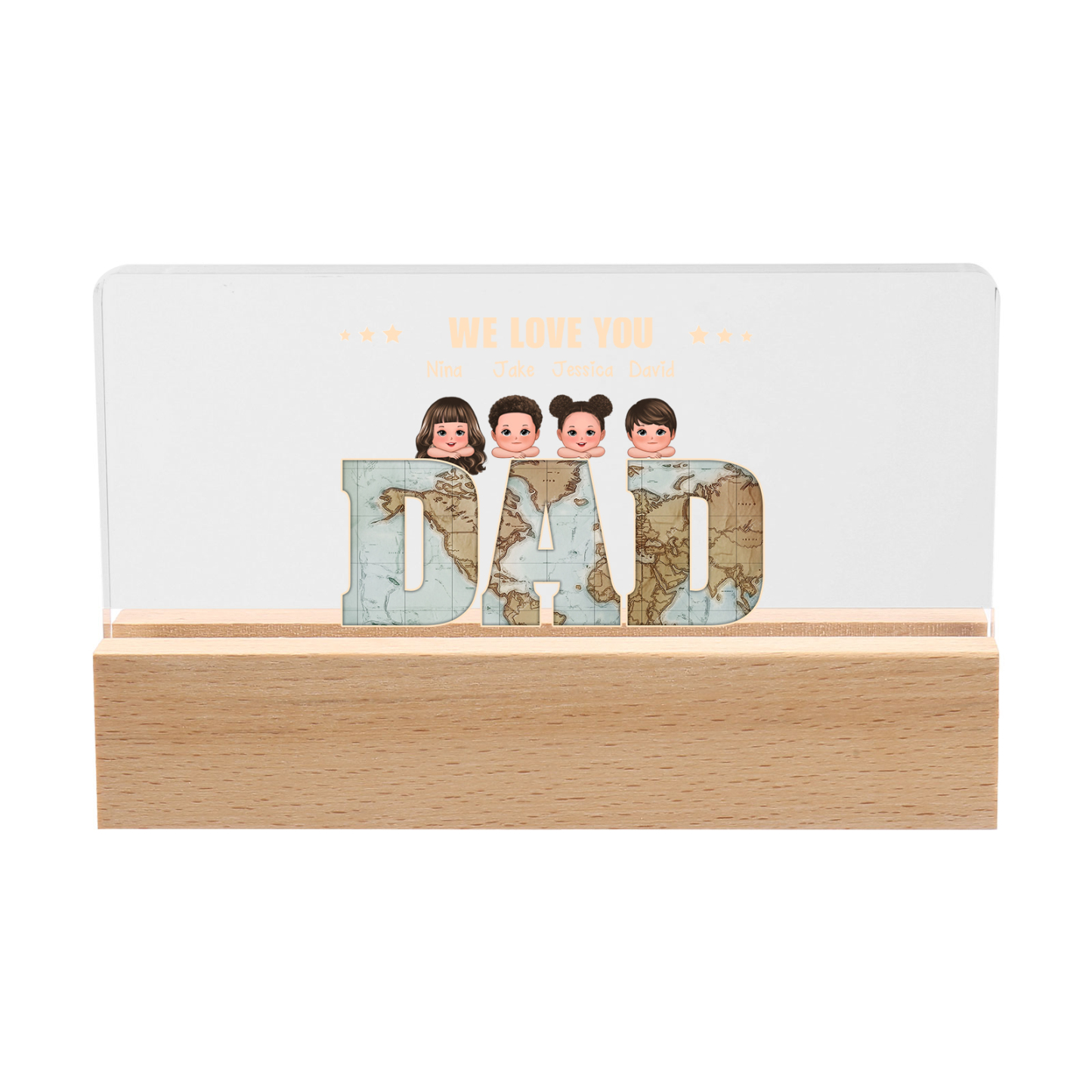 Personalised LED Acrylic Light Gift for Dad – “We Love You” Design with Children's Names & Characters | Jessemade