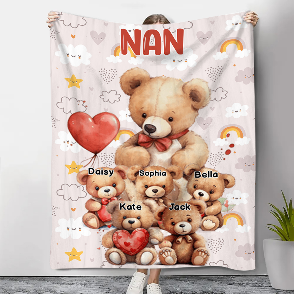 Personalised Bear Blanket Custom 1 Text & 1–8 Names Gifts for Mum/Grandma/Nan