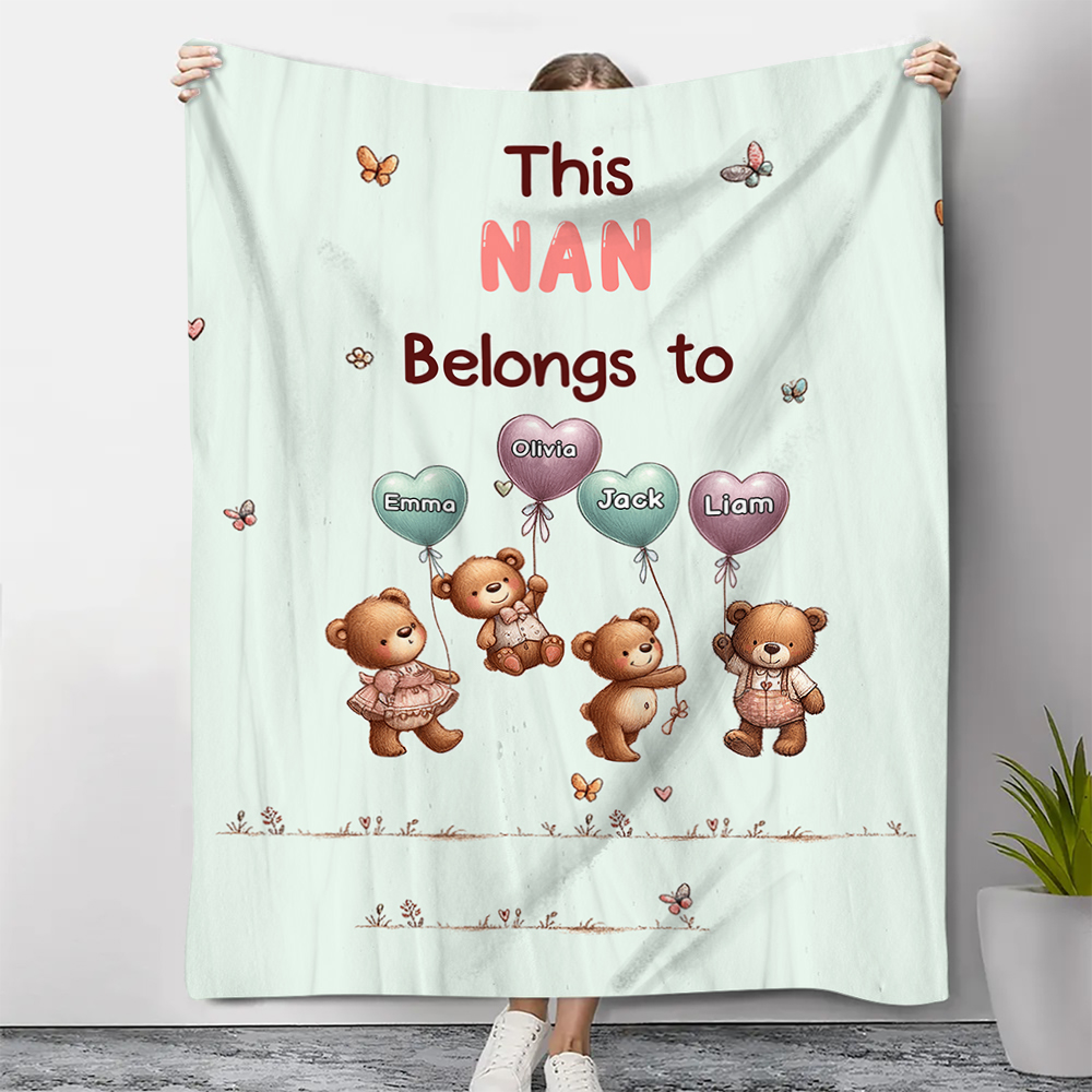 Personalised Balloon Bear Blanket Custom 1 Text & 1–10 Names Gifts for Mum/Grandma/Nan