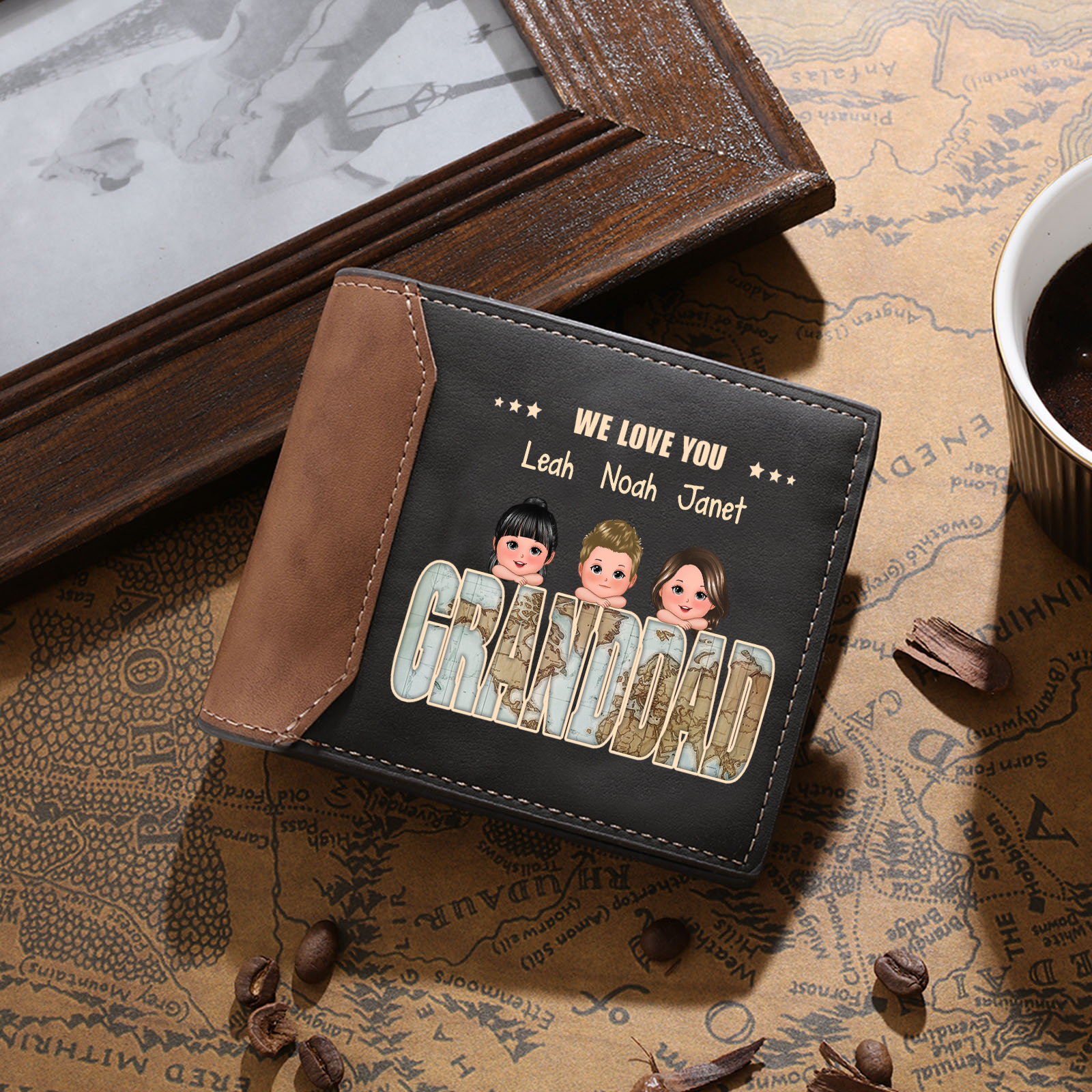 [Copy]Personalised Men's Leather Wallet Custom 2–9 Names Engraved 1 Text Billfold Wallet Fist Bump Gift for Dad/Grandpa