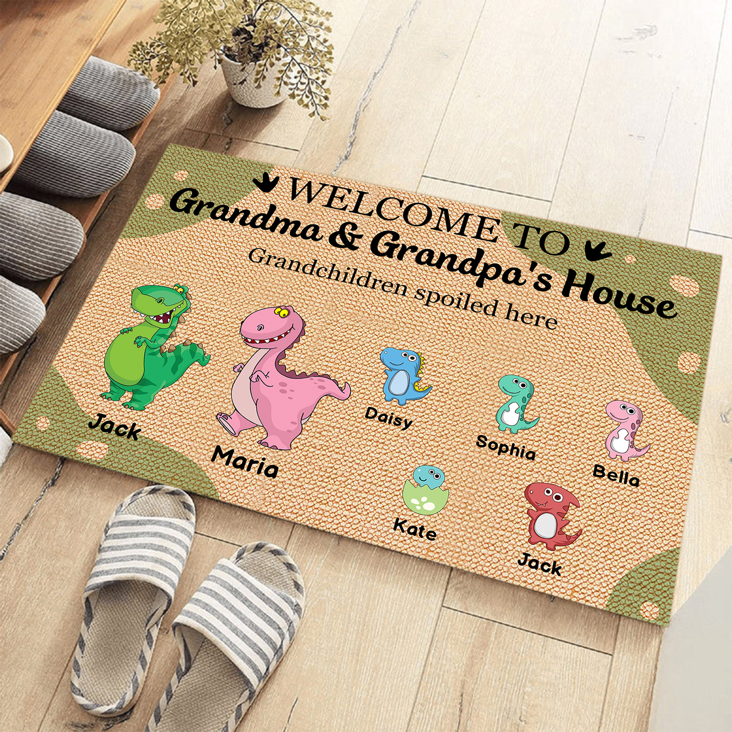 Welcome To Grandma & Grandpa's House - Personalised 1–12 Names Dinosaur Doormat Gift for Grandparents