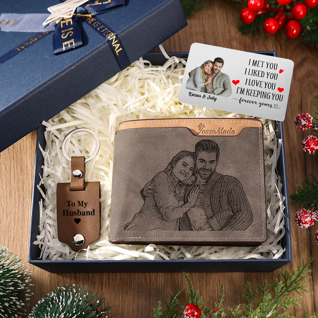 Personalised Gift Box for Him Custom Photo & Name Wallet Leather Photo Keychain and Wallet Card