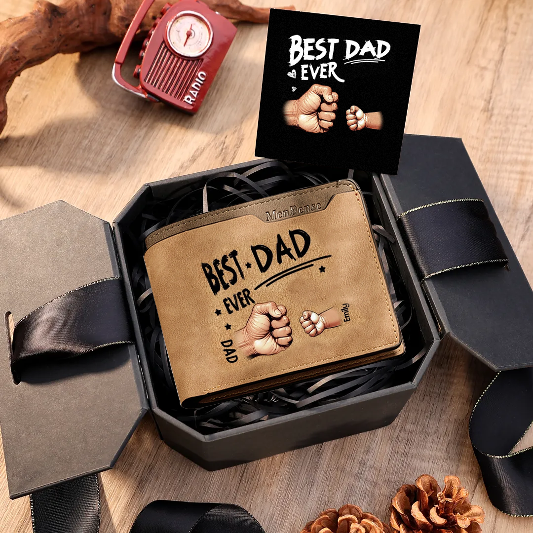 Personalised “Best Dad Ever” Wallet – 2–7 Kids’ Fist Names, Slim Bi‑Fold | Jessemade