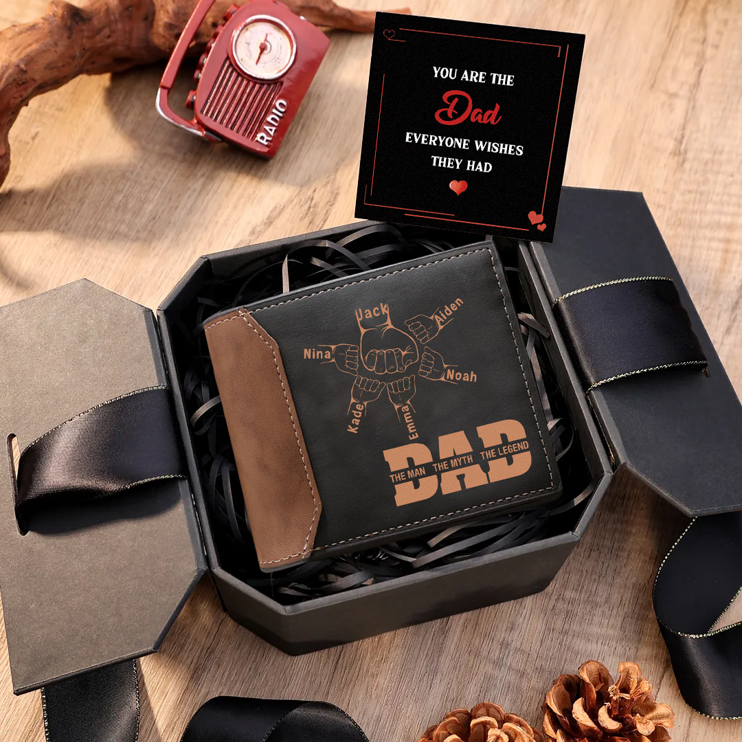 Personalised Men's Leather Wallet Custom 2–9 Names Billfold Wallet Fist Bump Gift for Dad - The Man, The Myth, The Legend