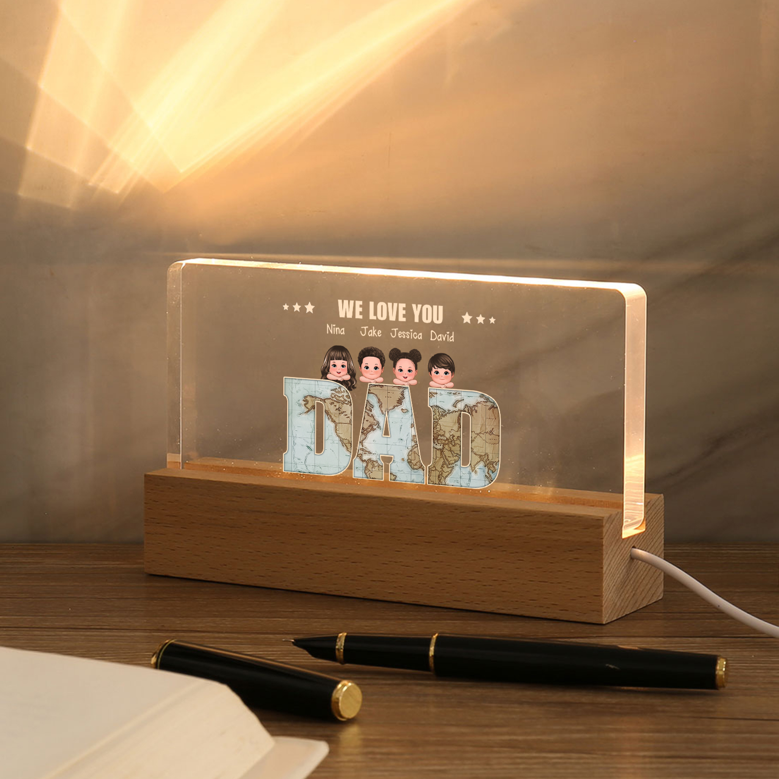Personalised LED Acrylic Light Gift for Dad – “We Love You” Design with Children's Names & Characters | Jessemade