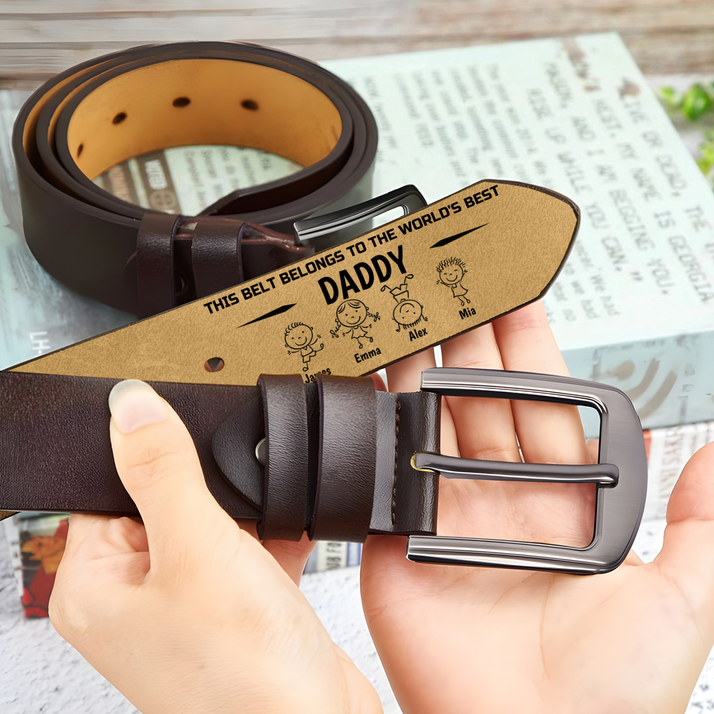 Engraved “Daddy” Belt – Custom Kids’ Names & Figures Personalised Leather Belt Gift for Father’s Day or Birthday | Jessemade