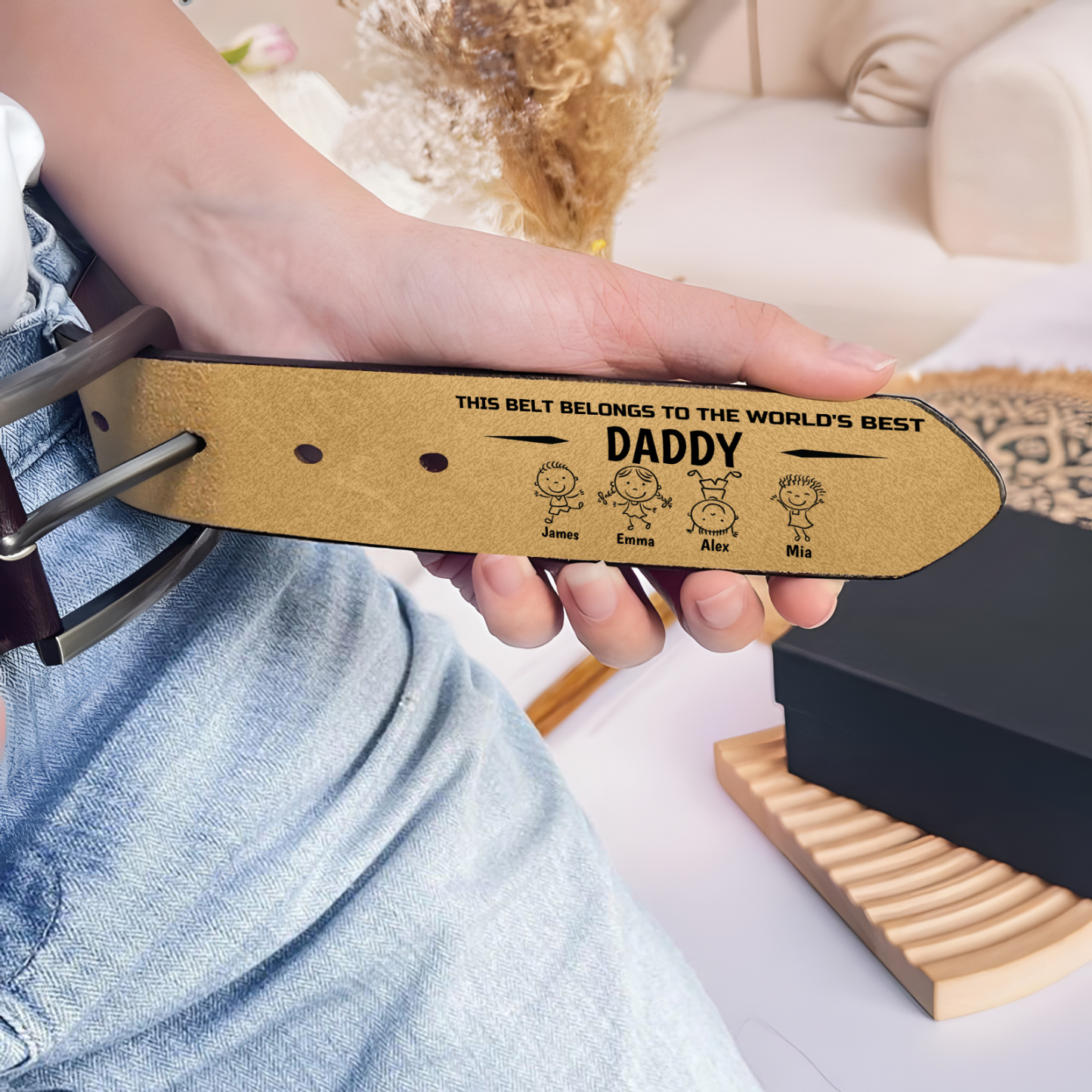 Engraved “Daddy” Belt – Custom Kids’ Names & Figures Personalised Leather Belt Gift for Father’s Day or Birthday | Jessemade