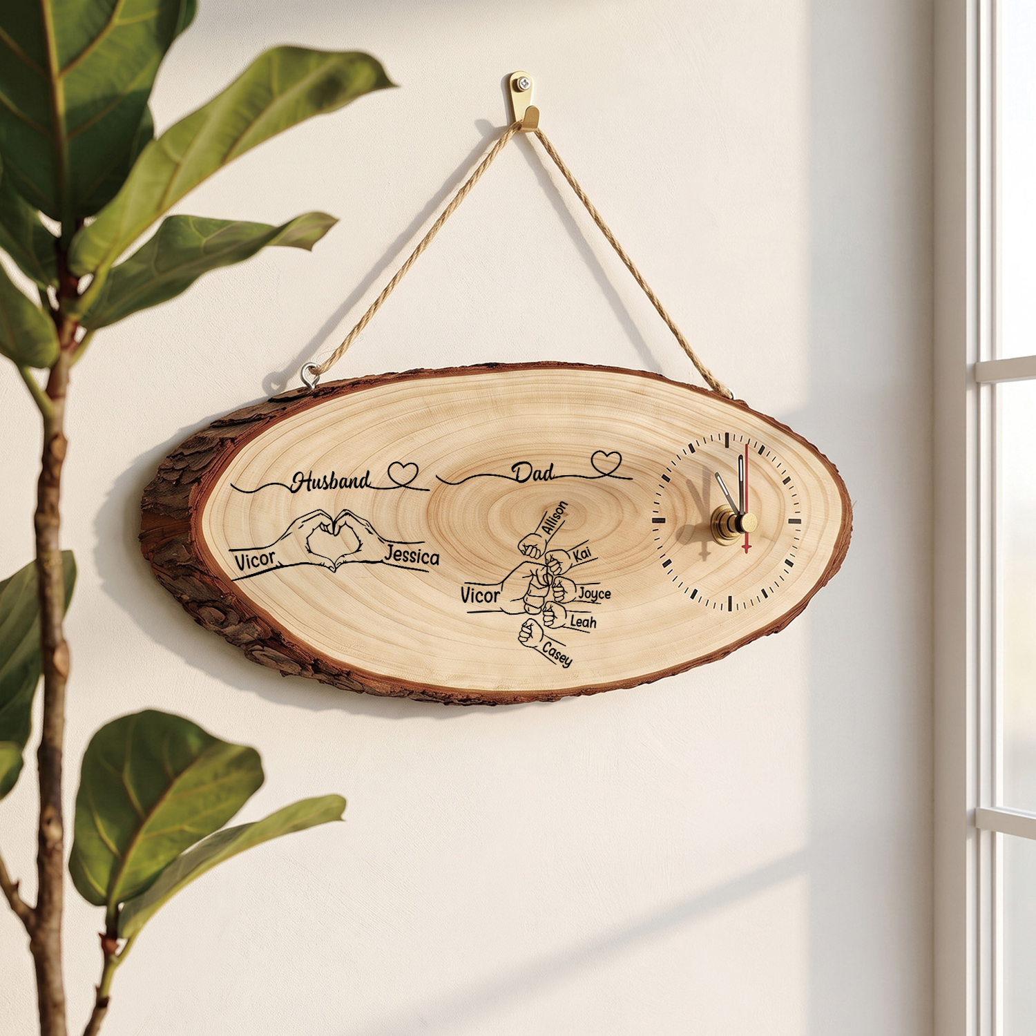 Personalised Wooden Clock with 1 to 8 Children’s Names and Fist Design – Family Gift for Dad or Husband